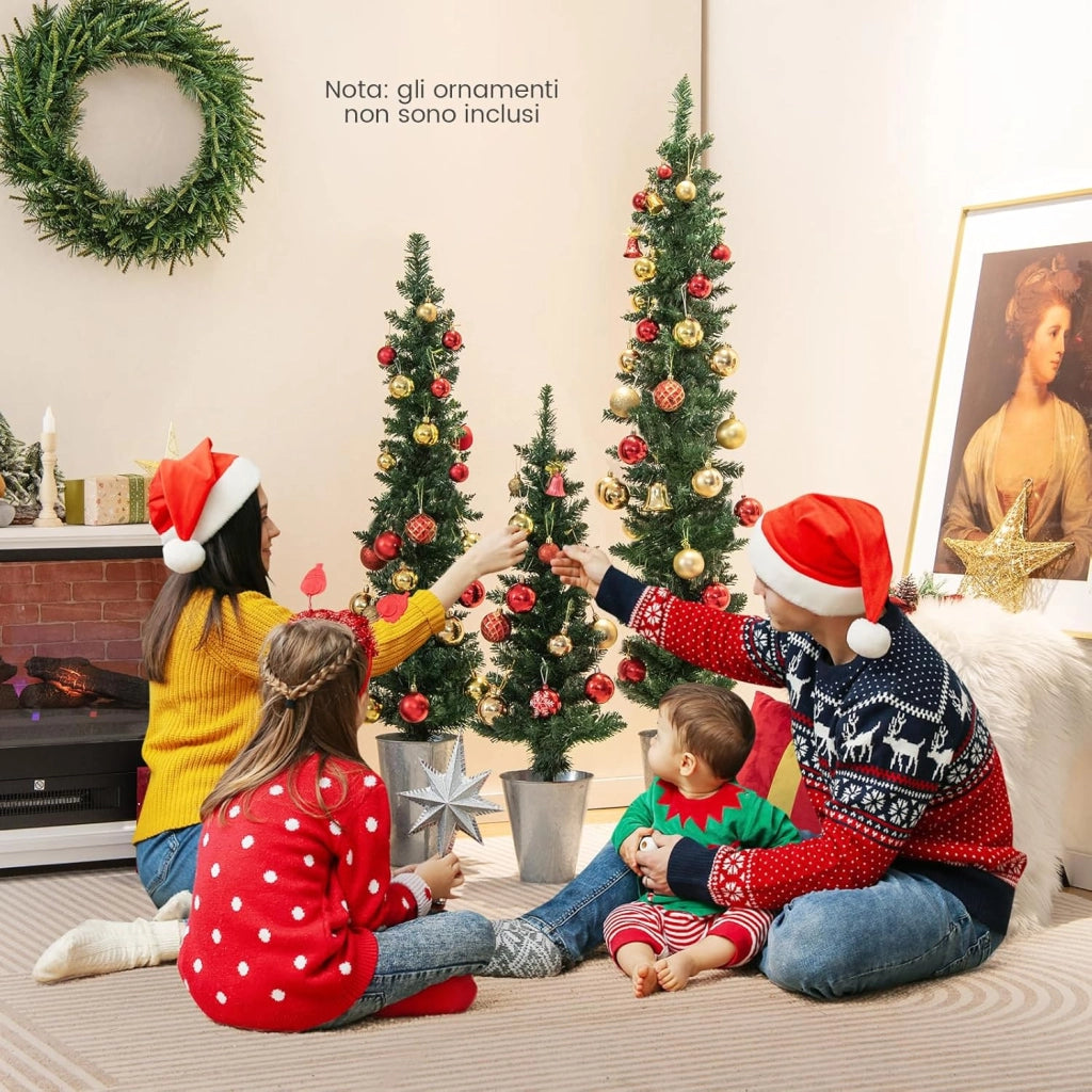 Set di 3 Alberi di Natale Artificiali da 90 CM + 120 CM + 150 CM, Alberi di Natale Slim con 120 + 140 + 160 Punte di Ramo e Basi in Metallo Riempite di Cemento, Decorazione Natalizia Interna