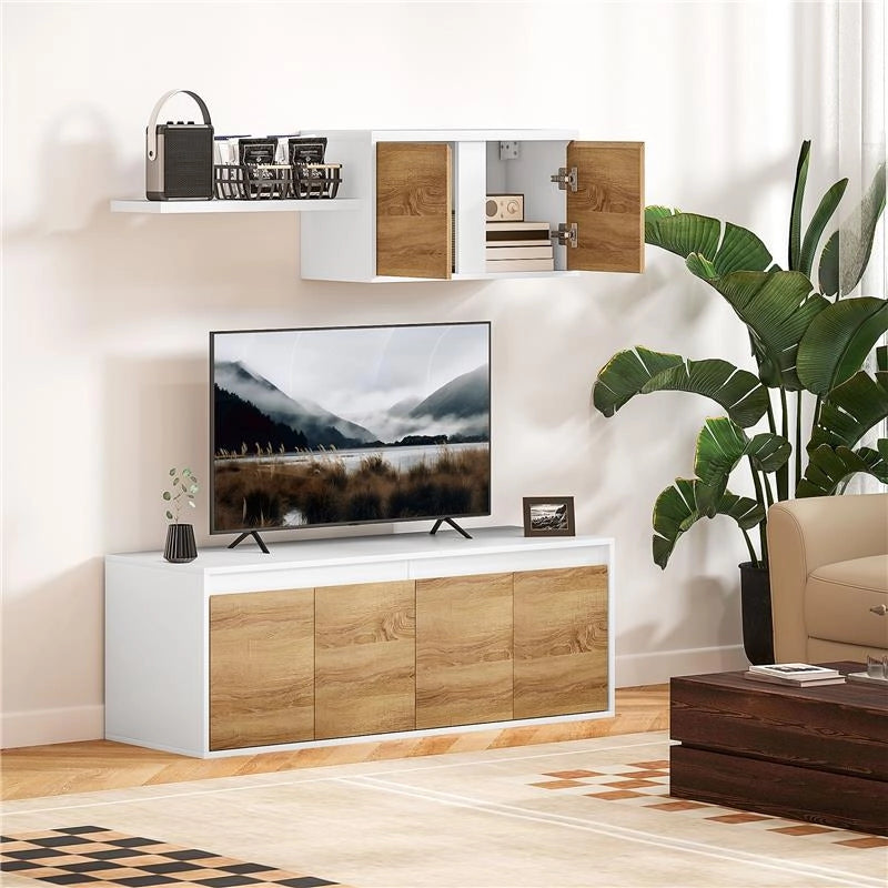 SET MOBILE TV E ARMADIETTO A MURO CON 7 RIPIANI E SCAFFALE APERTO IN LEGNO 120X41X43.3 CM BIANCO E COLOR LEGNO