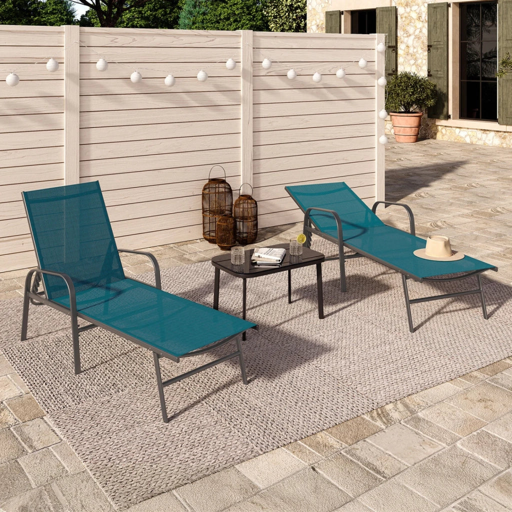IDMarket - Set di 2 lettini da giardino reclinabili FIDJI in acciaio grigio antracite e tessuto blu anatra