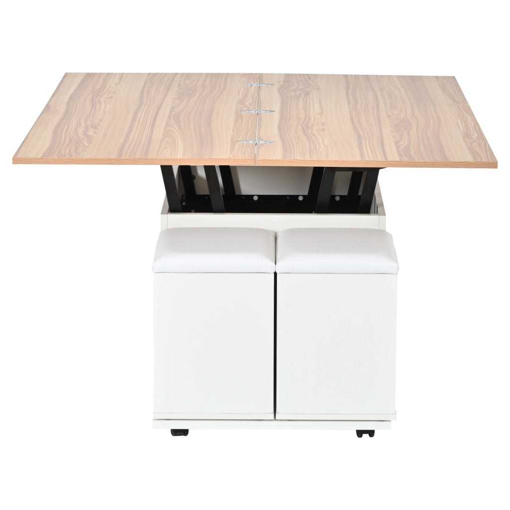 Tavolino da salotto, con altezza del piano regolabile, dotato di vano portaoggetti, trasformabile in tavolo da pranzo/scrivania, con rotelle, 4 sgabelli, bianco e color legno naturale