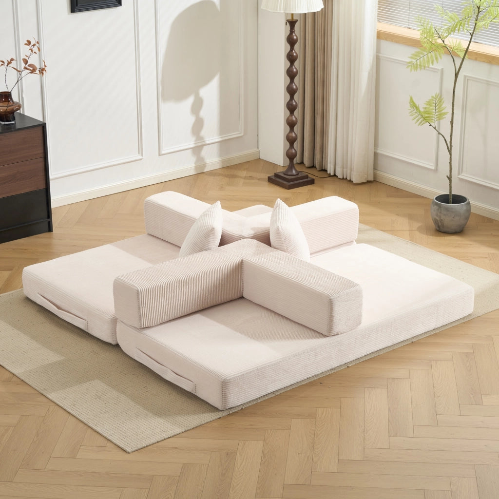 Divano letto pieghevole da pavimento con schienale e braccioli in velluto a coste bianco 185 × 92,5 × 60 cm