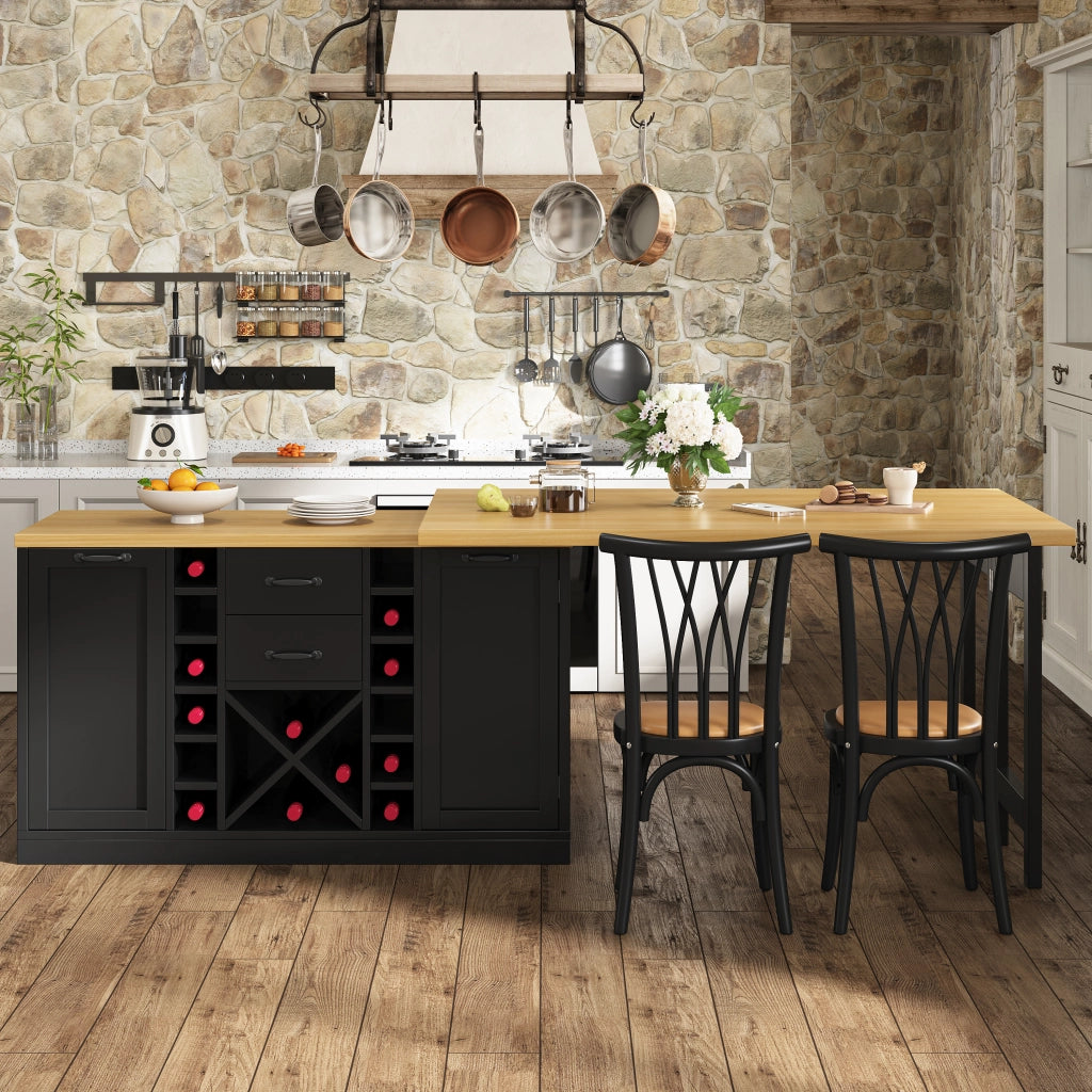 Isola da cucina girevole a 360° con piano in 2 parti; 2 cassetti; portabottiglie e porta pattumiera; nero; 120 × 40 × 73;8 cm