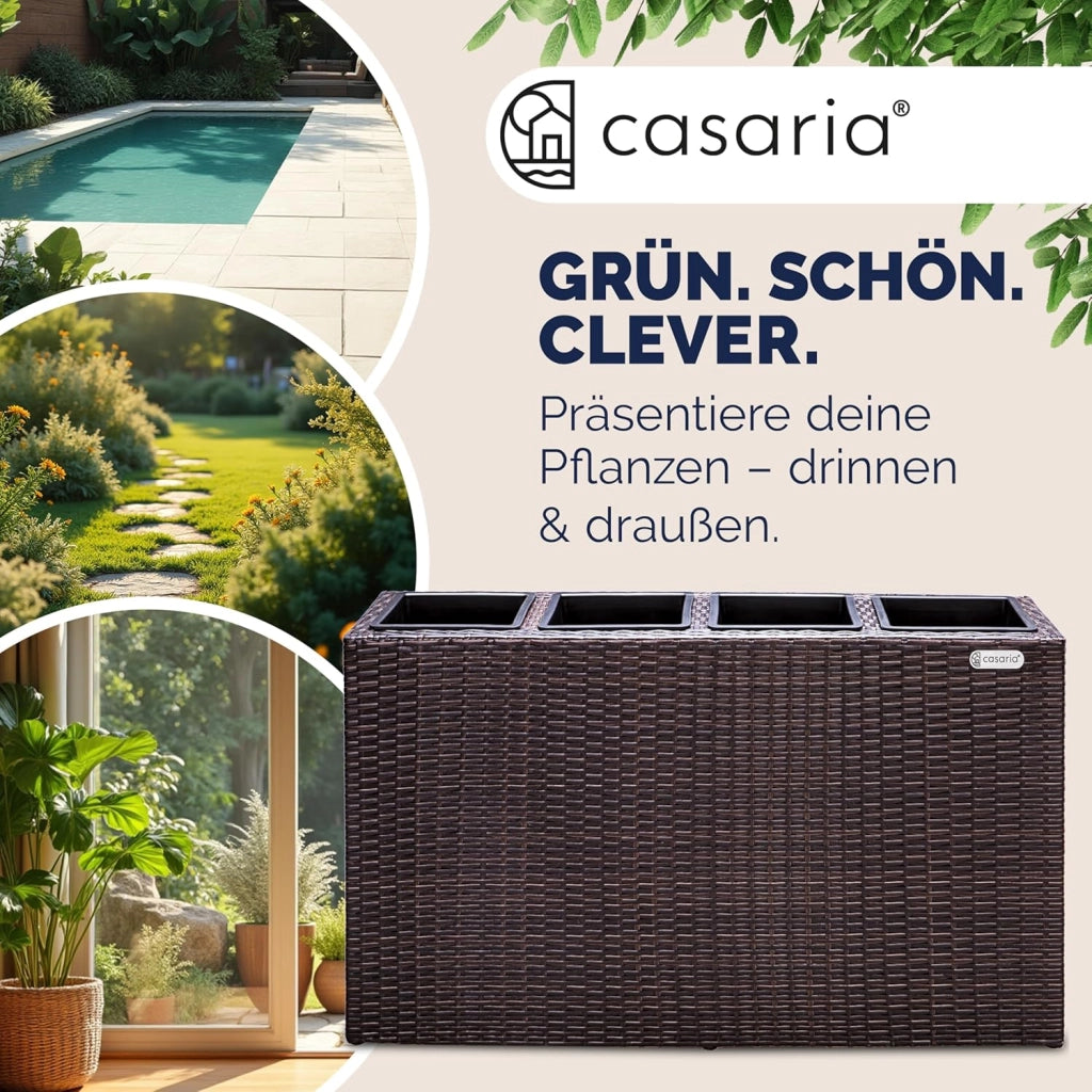 Fioriera Rettangolare 95x27x60 cm con 4 Vasi Interni in Polyrattan con Sistema di Drenaggio Fioriere Porta Vaso da Fiori Piante Divisorio Giardino Balcone Terrazza Marrone