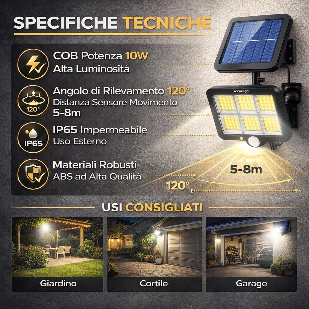 Faretti Solari LED da Esterno (2 Pezzi), 100 LED COB con Sensore di Movimento e Crepuscolare, Luce Solare Potente con Pannello Solare, Impermeabili IP65, Lampade Solari da Parete per Giardino, Garage.
