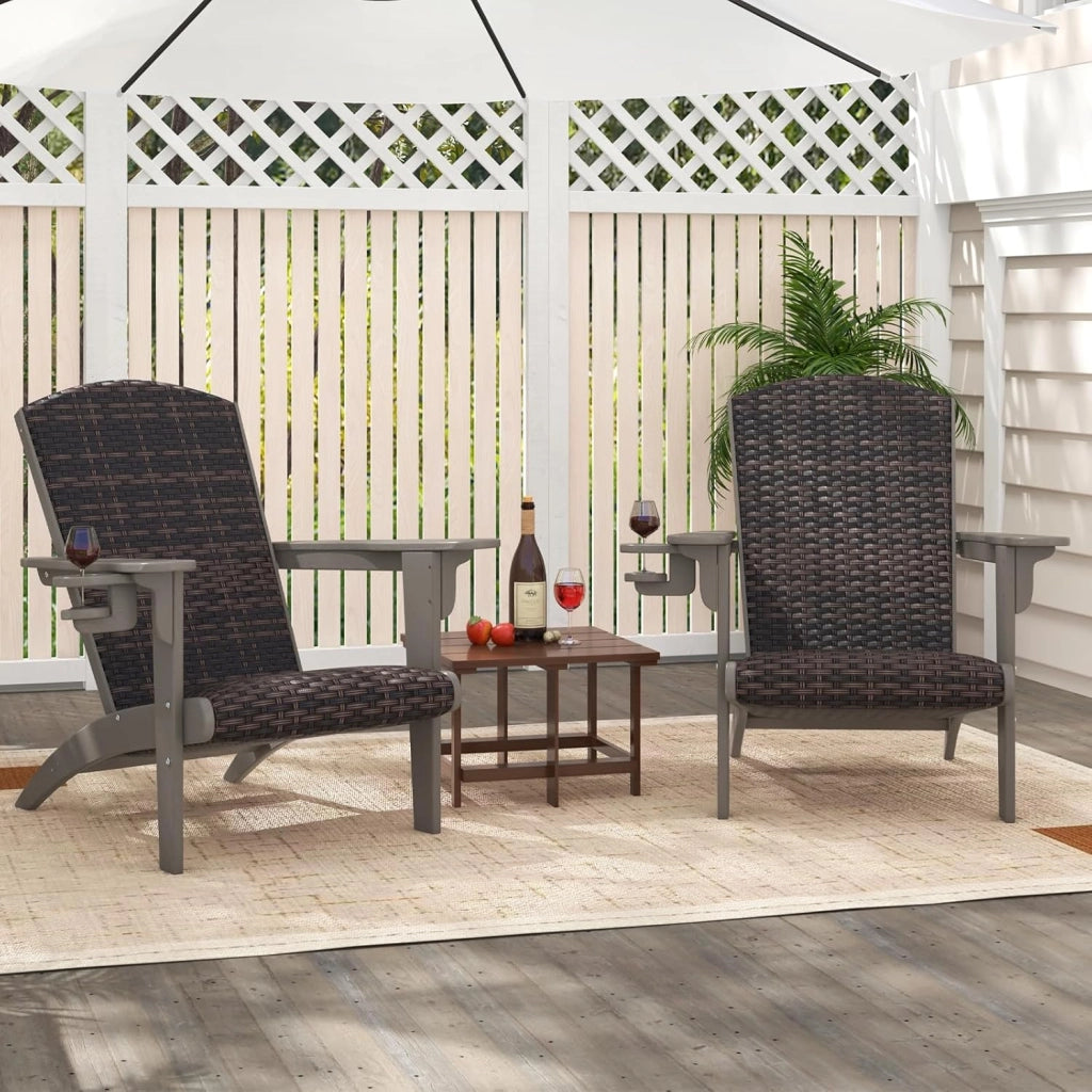 Sedia Adirondack da Giardino, Sedia da Lounge HDPE con Sedile e Schienale Imbottiti in Rattan, Porta Tazza Nascosto, Poltrona per Esterno Giardino Prato, Portata 150 kg (Grigio)