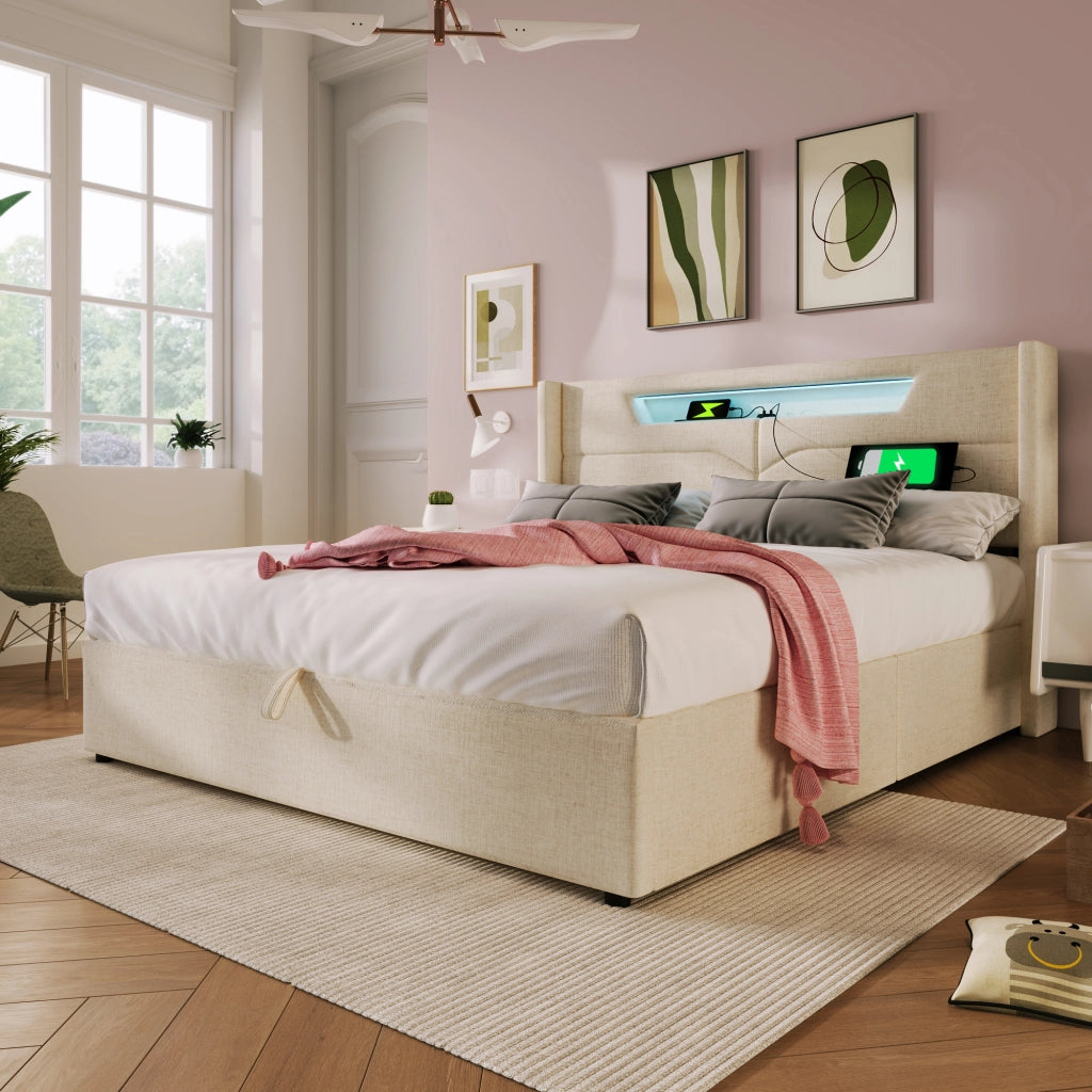OKWISH Letto Contenitore 140×200 cm, Letto Matrimoniale con USB, Type C e LED Regolabile, senza Materasso, in Lino, Beige