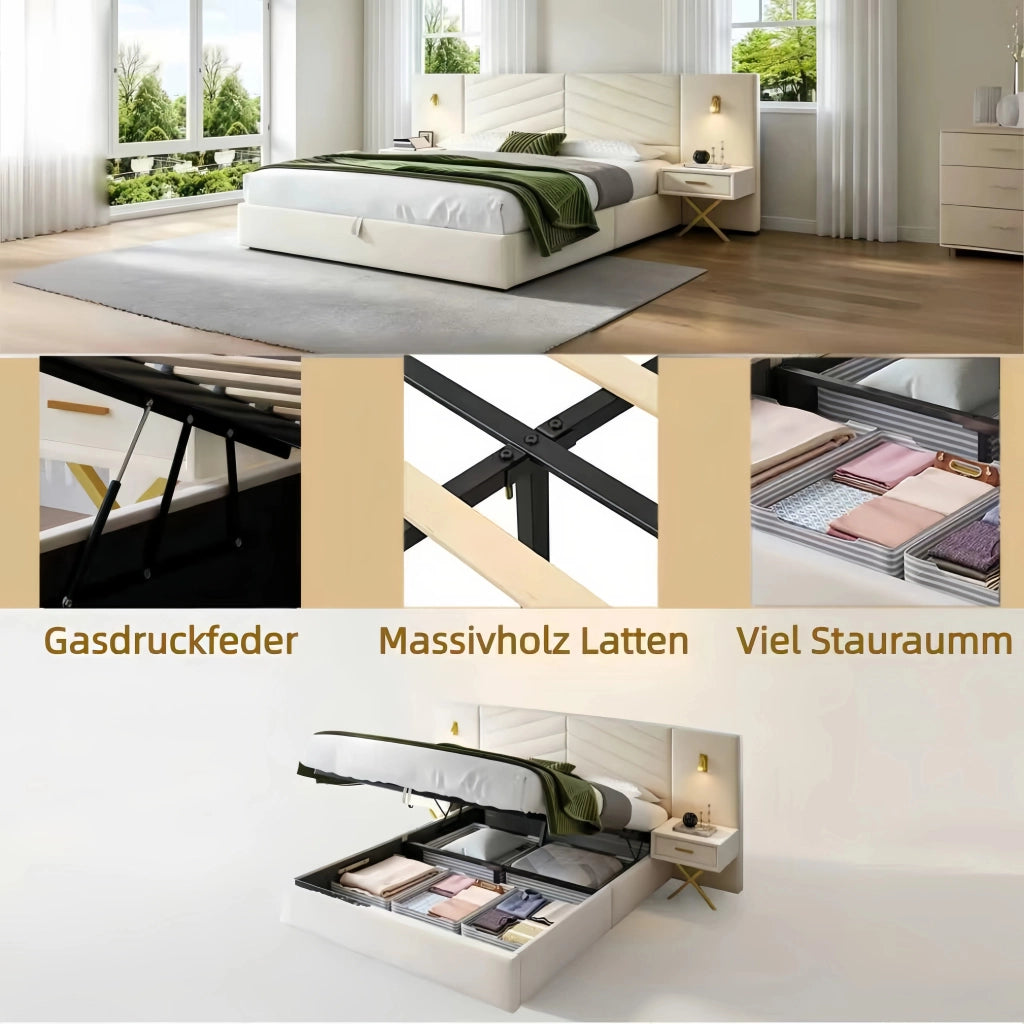 Letto regolabile 266x205x117 velluto doghe 2 panche LED montaggio facile