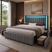 DESMIU Letto matrimoniale 140 × 200 cm con USB, Type-C, LED e 4 cassetti, senza materasso, in lino, grigio