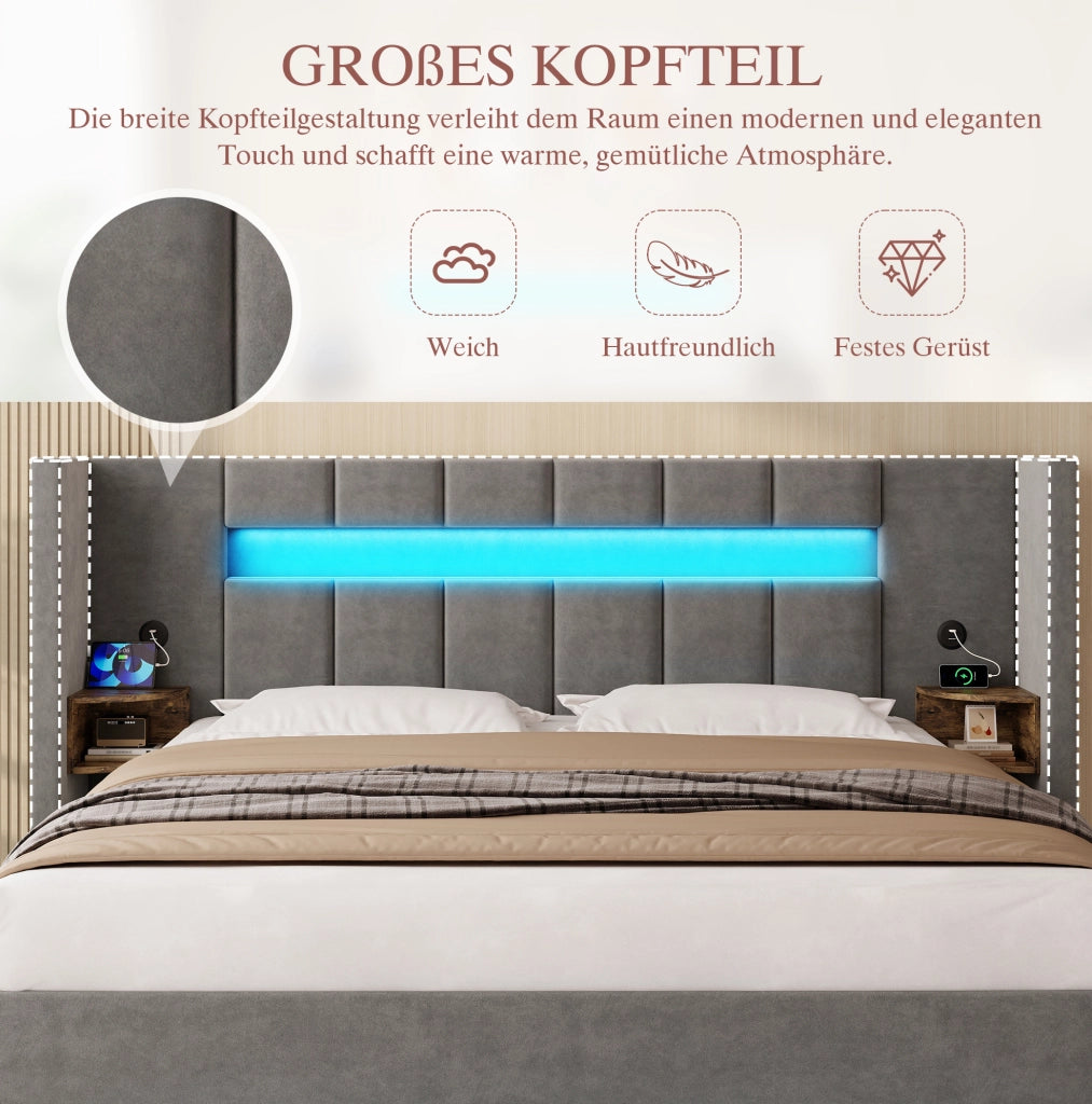 Letto contenitore 180x200 in velluto grigio scuro con LED e USB