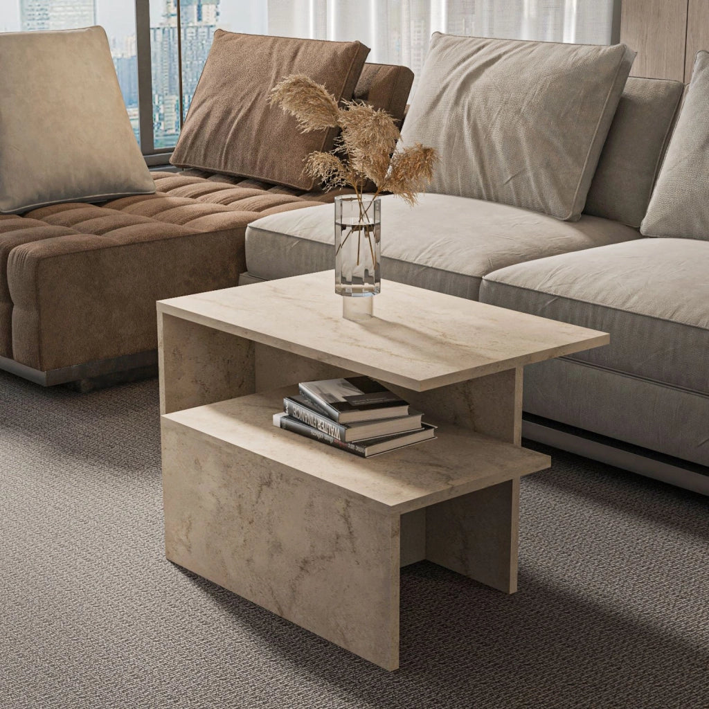 Tavolo nido in legno "Twins" (2 pezzi) 72 x 45 x 42 cm - Travertino