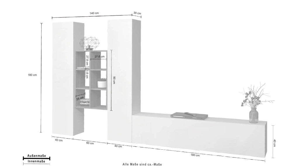 Parete attrezzata TV sospesa bianca libreria in legno 2 armadi Manny WH