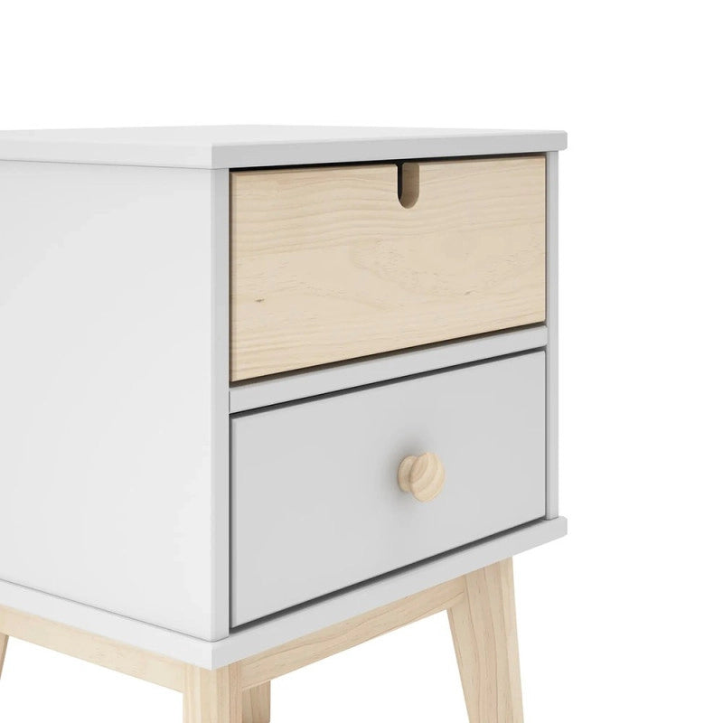 Comodino Estefania in legno con 2 cassetti colore bianco e pino