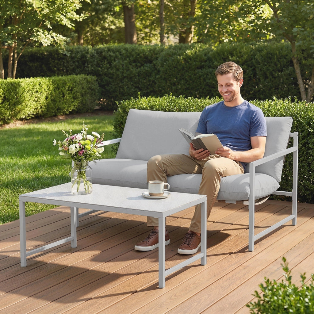 Divano 2 posti con cuscini e tavolo basso in vetro ¨C zephmum ¨C grigio chiaro 125x80x64cm