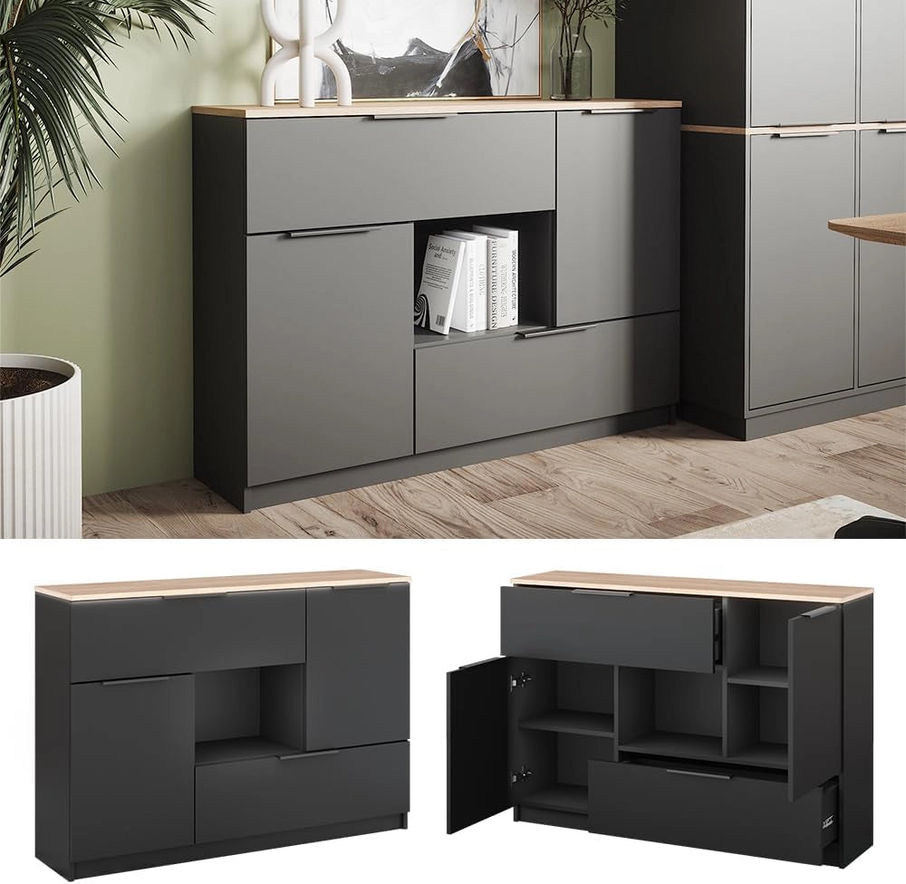 Cassettiera per camera da letto Betti, Antracite/Sonoma, 120 x 83.6 cm 2x porta, 2x cassetto e 1x scomparto aperto, per la conservazione e l'organizzazione di oggetti di uso quotidiano