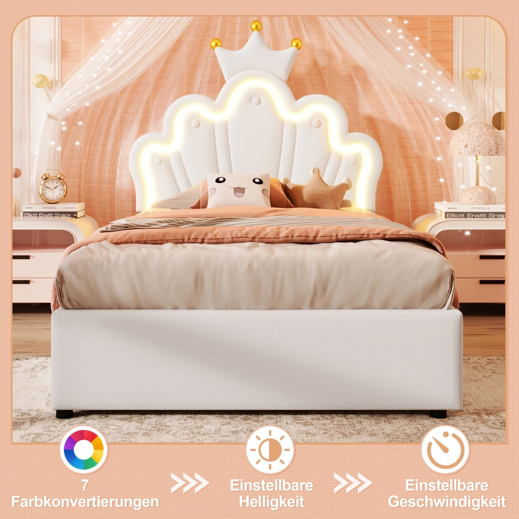 LETTO Imbottito 90x200 cm in PU Bianco con testiera regolabile e LED