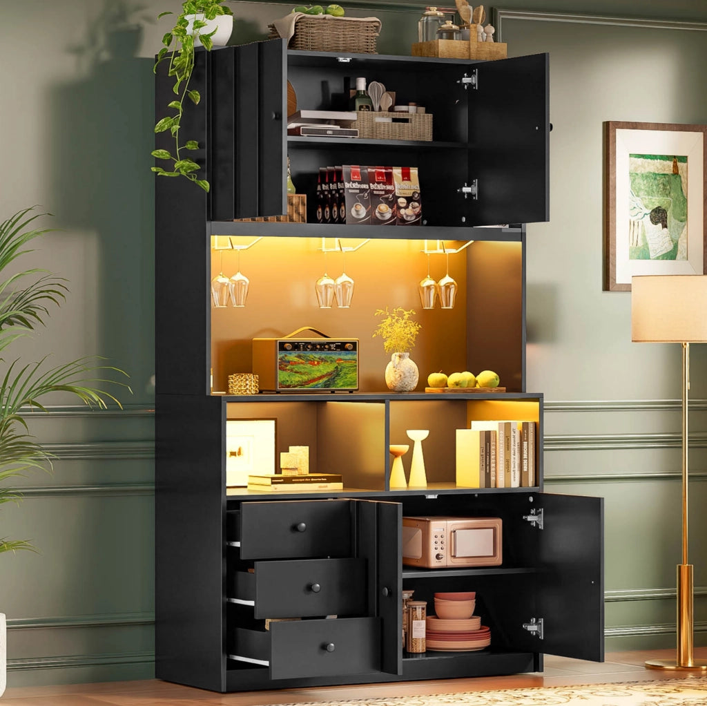 Credenza cucina alta 100x40x180 cm con LED RGB; prese USB e AC; in MDF nero