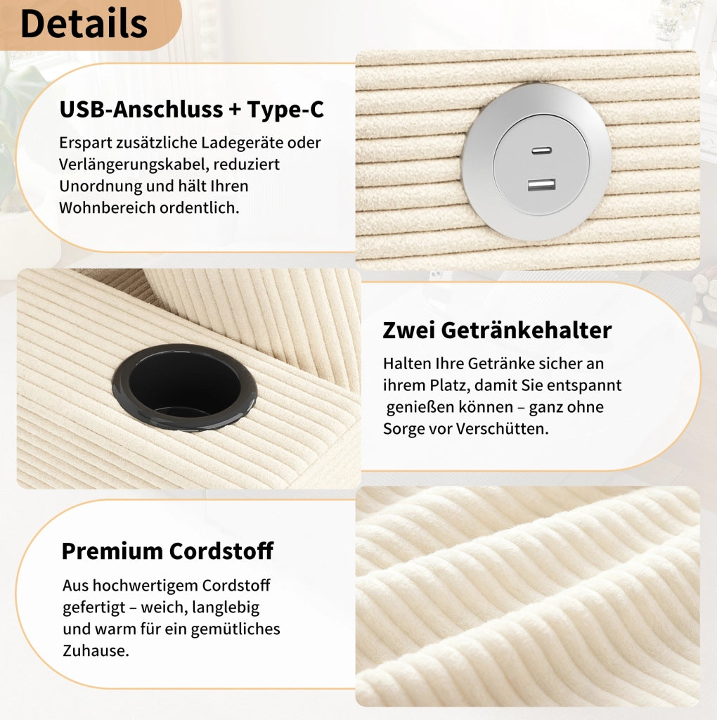 Divano 2 posti in velluto a coste beige con USB-C e portabicchieri