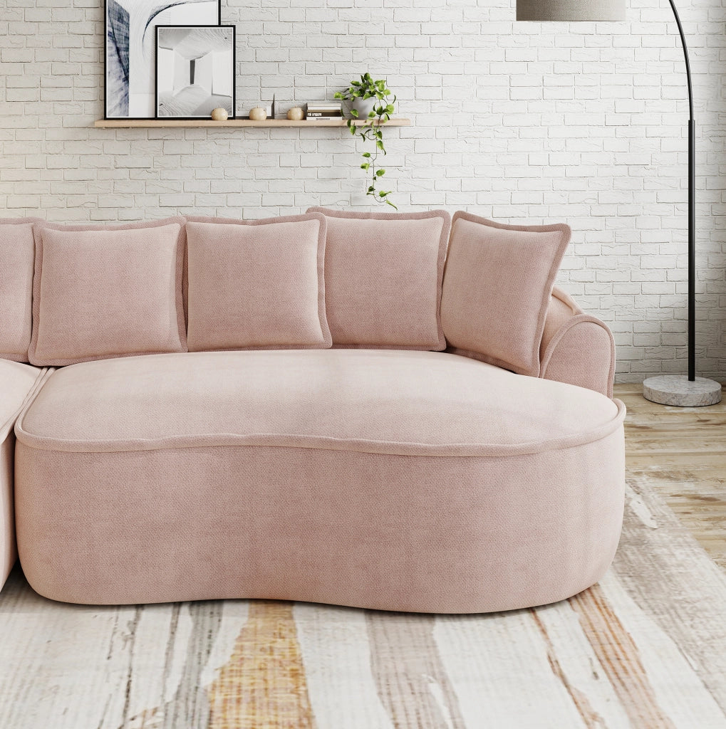 Divano modulare senza struttura in ciniglia rosa; 2 moduli; chaise longue e funzione letto