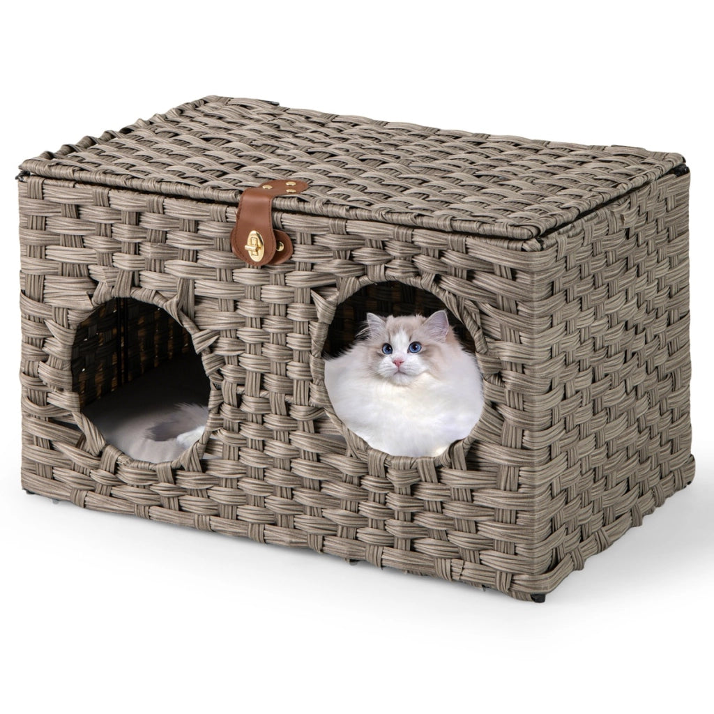 Condominio per gattini in rattan con cuscino morbido rimovibile, Letto pieghevole per gatti da interno Grigio