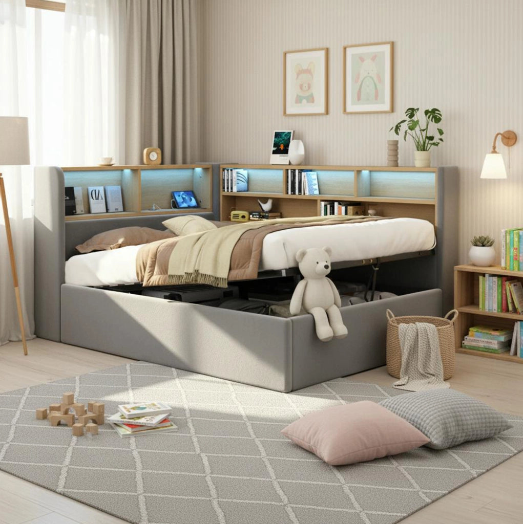 Letto daybed 90x200 cm con contenitore idraulico, LED, USB e ricarica Type-C