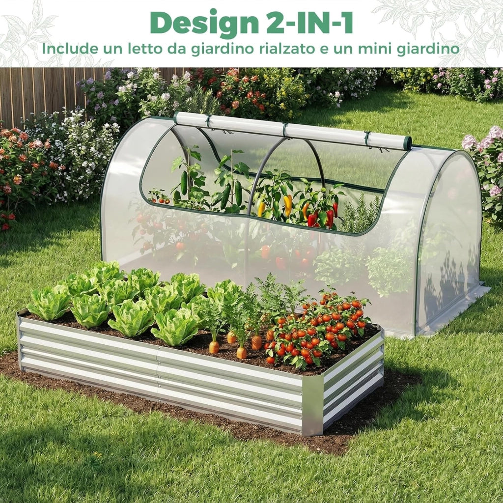 Orto Rialzato Zincato con Serra, Aiuola Senza Fondo con Copertura Trasparente, Fioriere con Finestre Avvolgibili per Giardino e Terrazzo (202 x 101 x 81 cm)