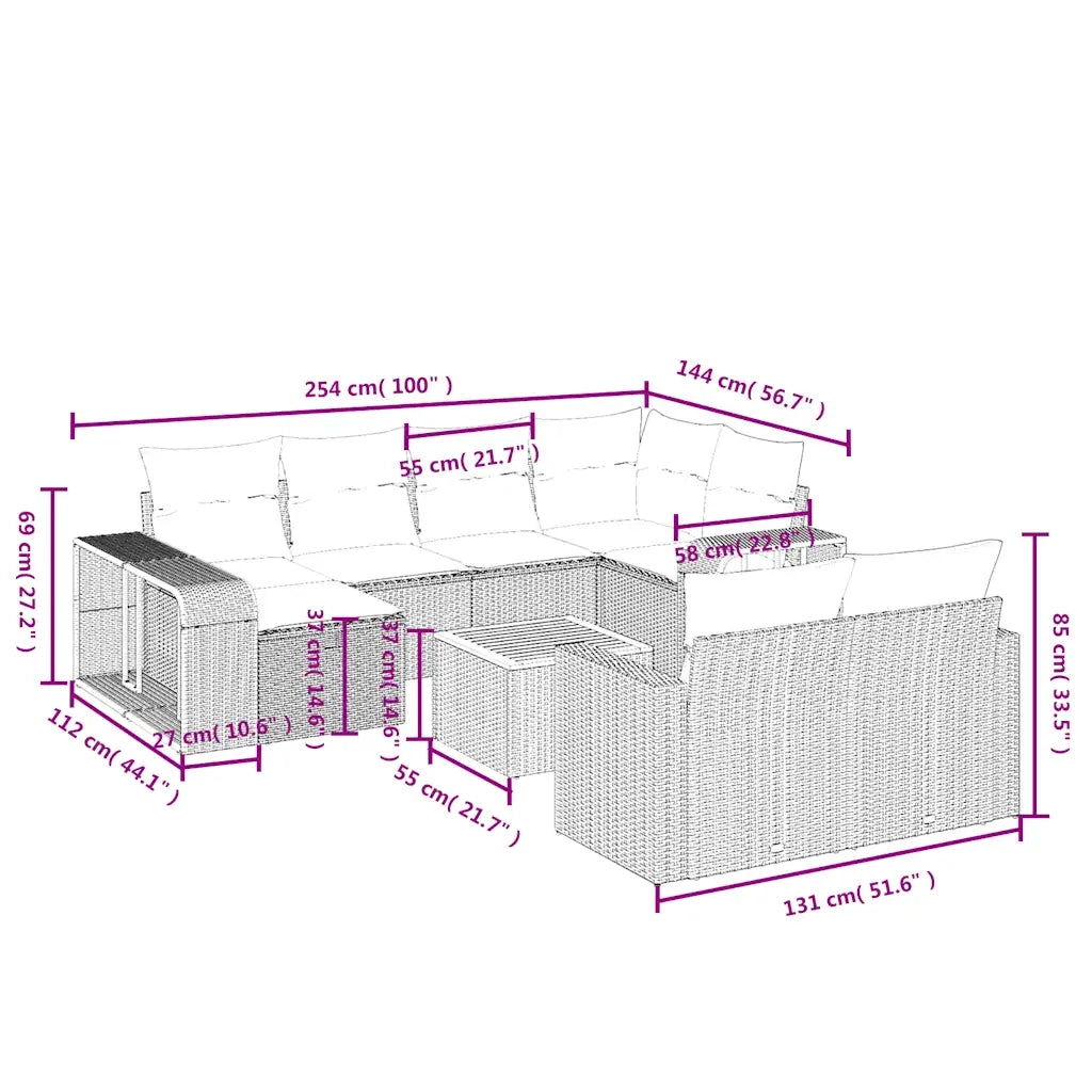 Set Divani da Giardino 11 pz con Cuscini in Polyrattan Grigio