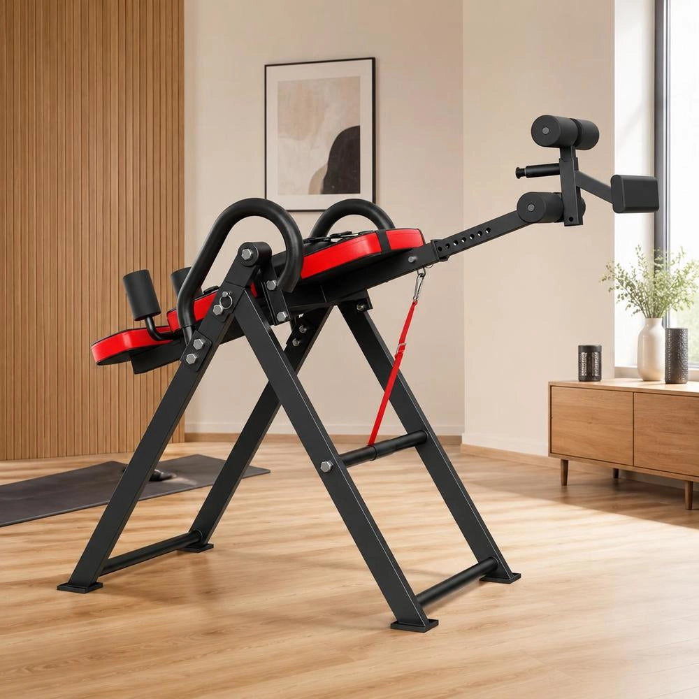 Inversion Table, Inversion Bench, 136 Kg Load Capacity, Multifunctional Back Trainer, Foldable Strength Training Device With Headrest, Ankle Lock, Adjustable Protective Belt, Red + Black