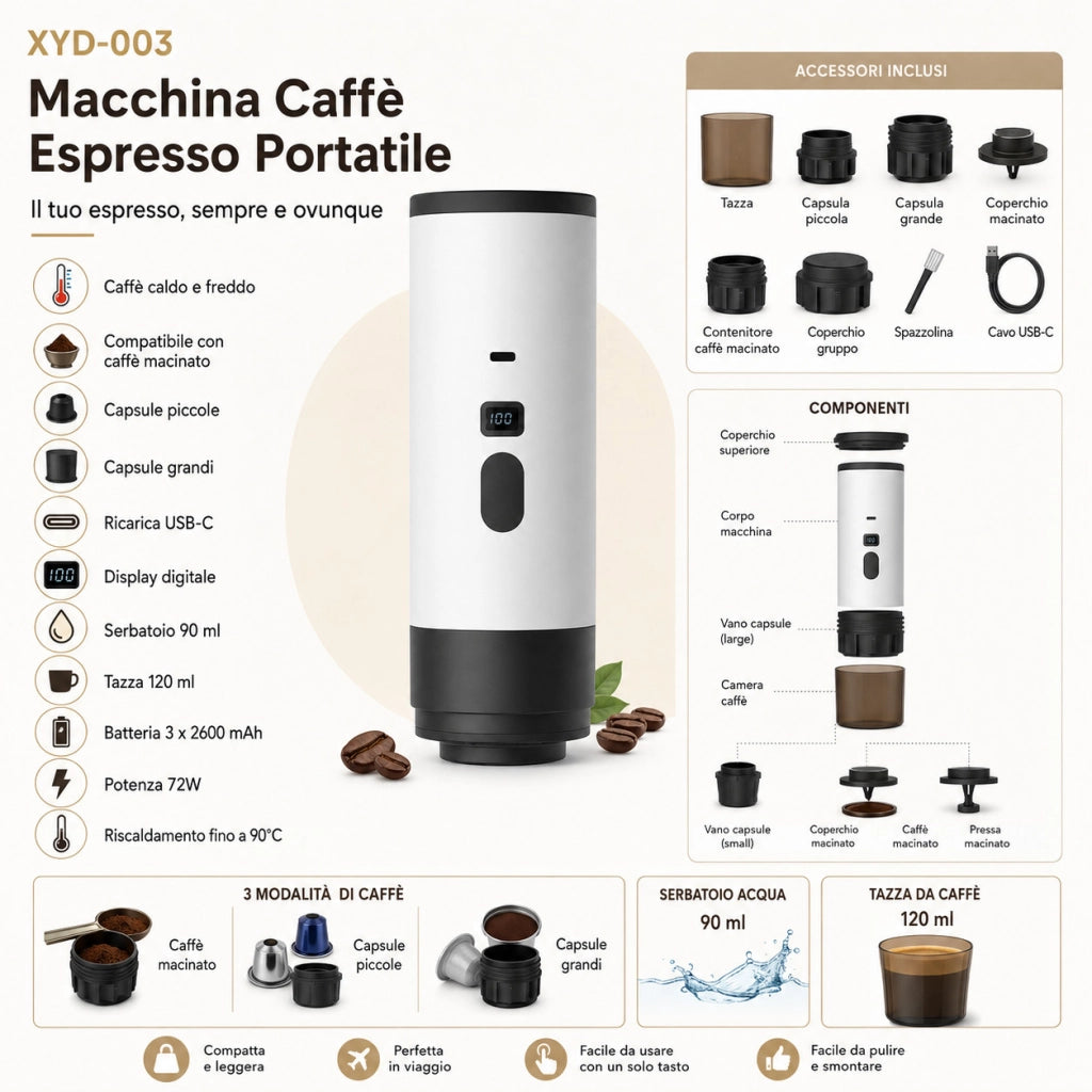 MACCHINA CAFFÈ ESPRESSO PORTATILE AUTOMATICA RICARICABILE CAPSULE E MACINATO