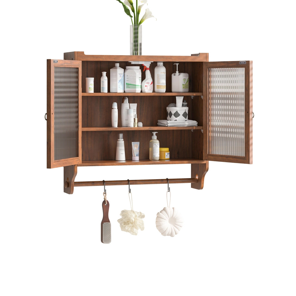 Pensile con 2 Ante; 3 Ripiani Rimovibili e Portaasciugamani per Bagno in Legno e Vetro 63×18×60 cm Marrone