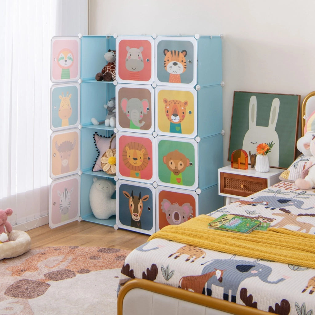 Armadio portatile per bambini, Armadio con 12 cubi con 2 sezioni appendibili com¨° con cartoon Blu