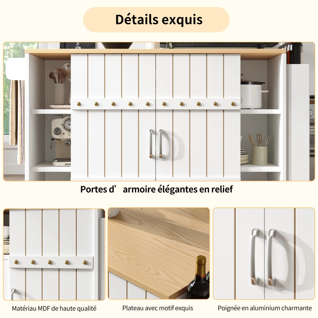 Carrello da Cucina con 2 Ante Scorrevoli; 3 Cassetti; Ripiano Laterale; Piano Ribaltabile e Ruote; in MDF; 110x42x90 cm; Bianco