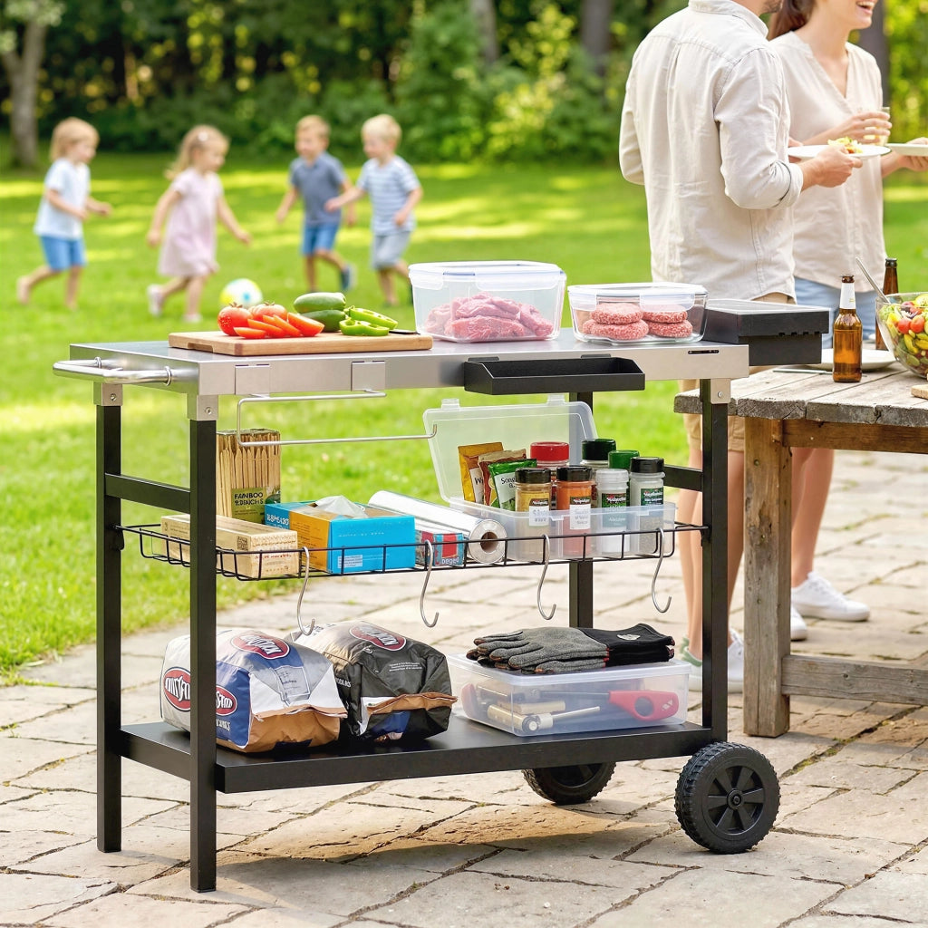 Carrello da Cucina 3 Livelli ¨C Zephmum ¨C Nero, Acciaio Inox, 114x61x81cm