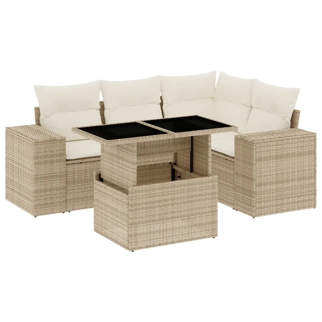 Set Divano da Giardino 5 pz con Cuscini Beige in Polyrattan