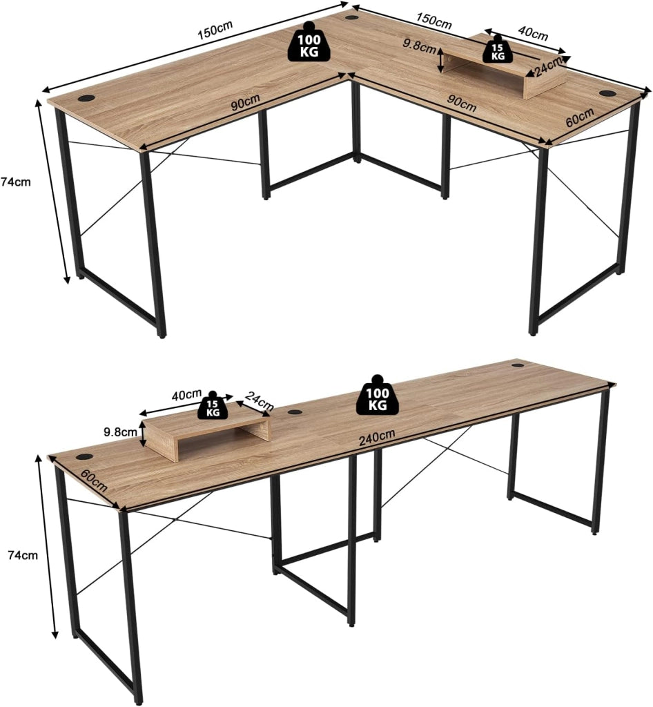Scrivania Angolare a Forma di L, Telaio in Metallo Stile Industriale, Scrivania per Computer in 2 Forme Diverse per 2 Persone, 150 x 150 x 74 cm/240 x 60 x 74 cm, 3 Colori