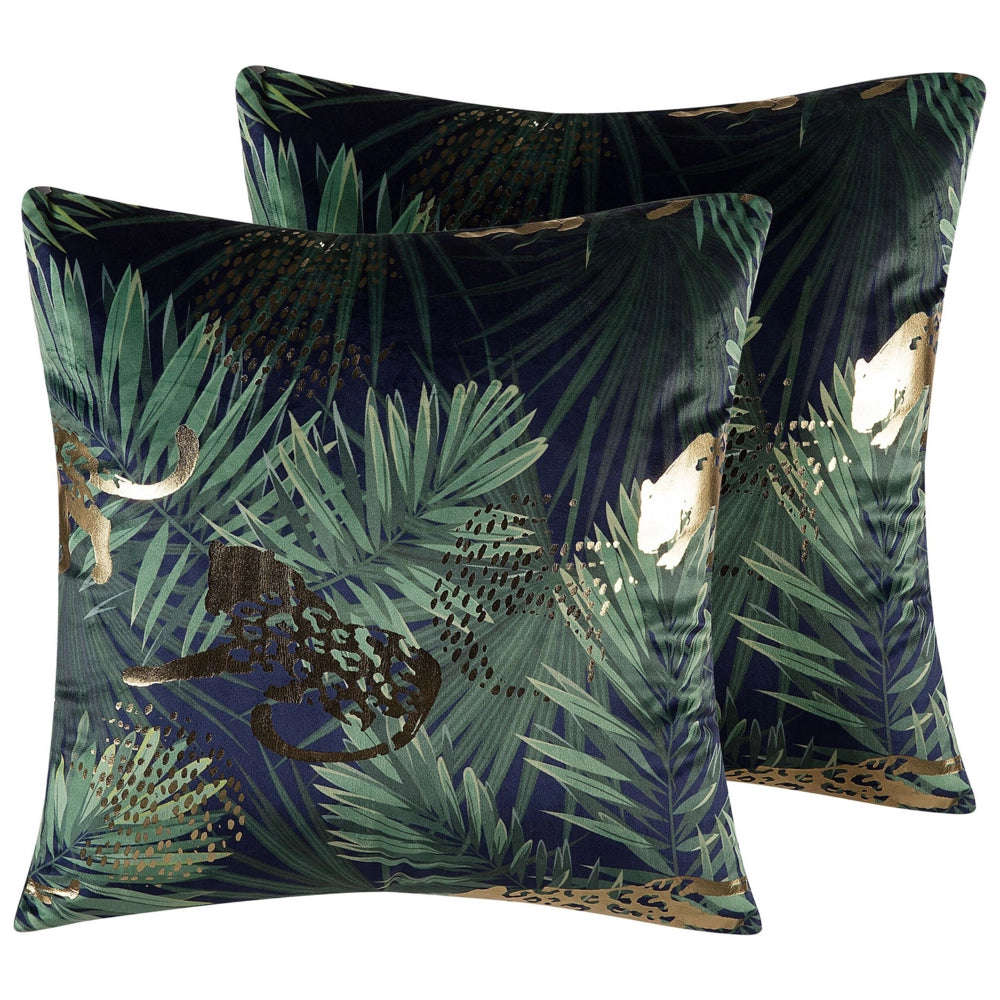 Set di 2 cuscini decorativi Velluto verde Foglia di palma Motivo floreale 45 x 45 cm Lamina di animali Stampa Modern Retro Decor Accessori