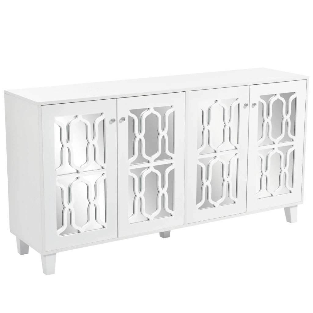 Credenza bianca con superficie a specchio, 4 ante e ripiano interno mobile, 160 x 40 x 84 cm