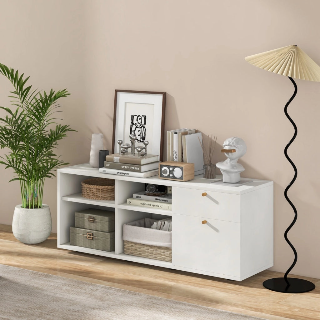 Armadio portaoggetti con 2 cassetti 4 cubi e piedini regolabili, Mobiletto espositore da pavimento per casa Bianco-Credenze buffet