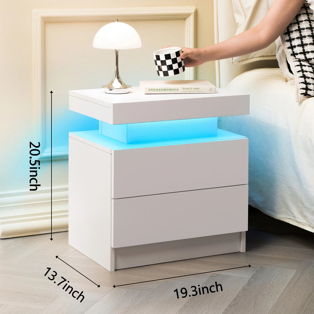 Comodino con 2 cassetti e LED regolabile per camera da letto e soggiorno; in legno ingegnerizzato; bianco