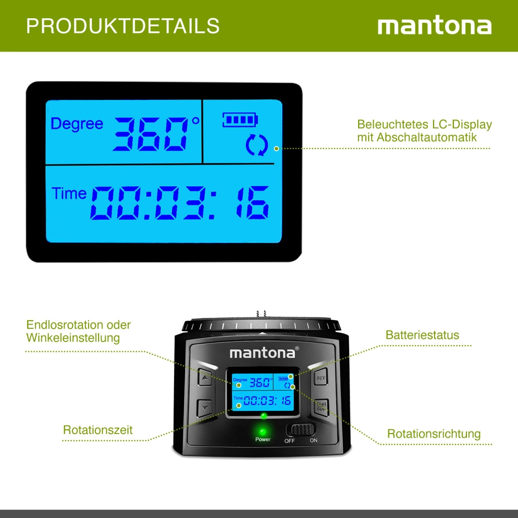Mantona Electric 360° Panorama Head - Testa per treppiede programmabile per time-lapse e riprese intervallate, capacità di carico di 2 kg, testa panoramica ideale per GoPro e gli smartphone