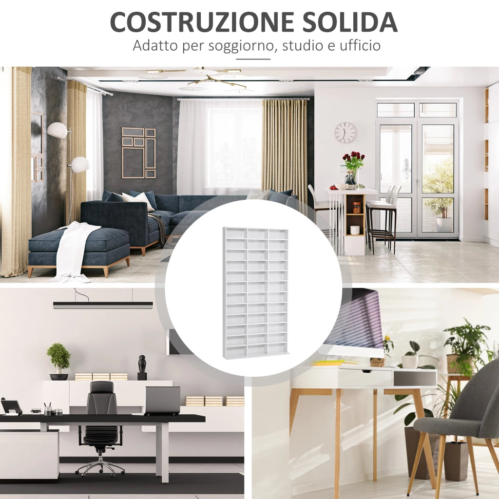Libreria Porta CD 102x23,5x195 cm con 3 Colonne da 12 Ripiani in MDF Bianco