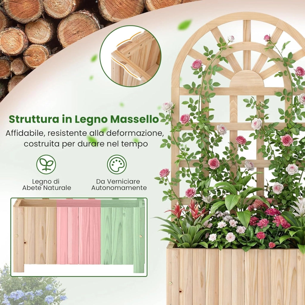 Letto da Giardino Rialzato in Legno con Traliccio, Fioriera da Esterno con Spalliera e Fori di Drenaggio, Aiuola Elevata per Piante Rampicanti, Fiori e Verdure (Naturale,61 x 30 x 121 cm)