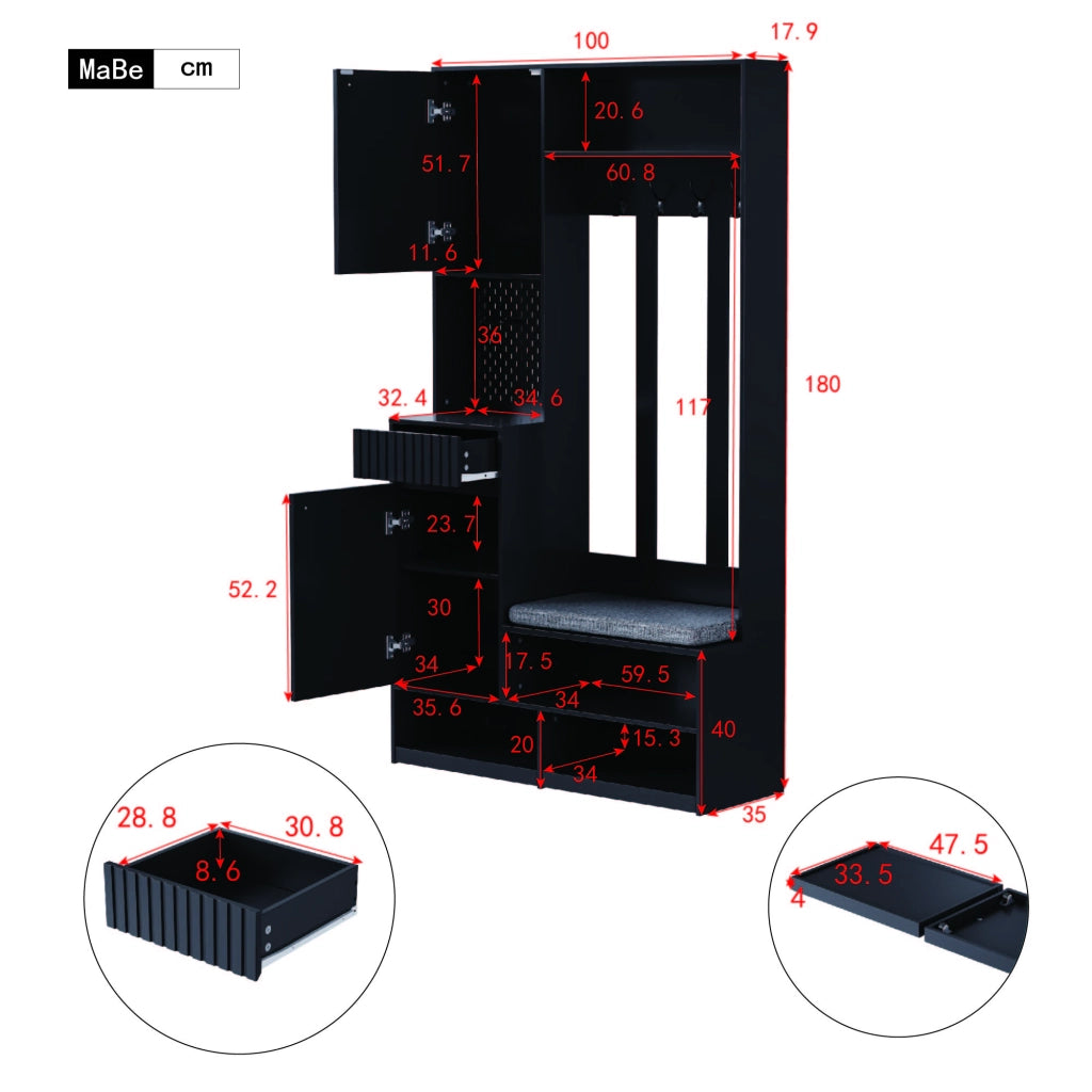 Set mobili da ingresso con appendiabiti, armadio, panca imbottita, 4 ganci e 2 cassetti, in MDF nero