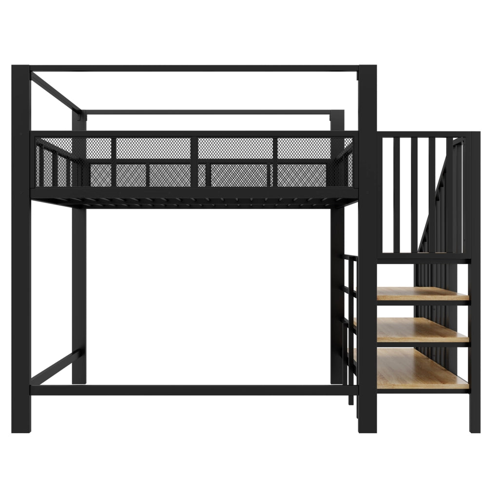 Letto a soppalco 140x200 cm con scala e baldacchino in metallo nero