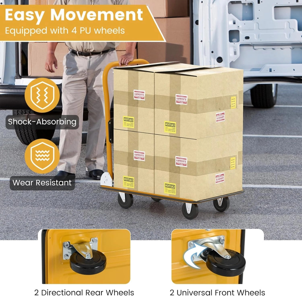 Carrello Pieghevole con Ruote, Carrello a Piattaforma da Transporto, Capacità 150 KG, con Piattaforma Antiscivolo, per Trasporto, Movimentazione, Demenagement, 73 X 48 X 83 CM (Nero+Giallo)