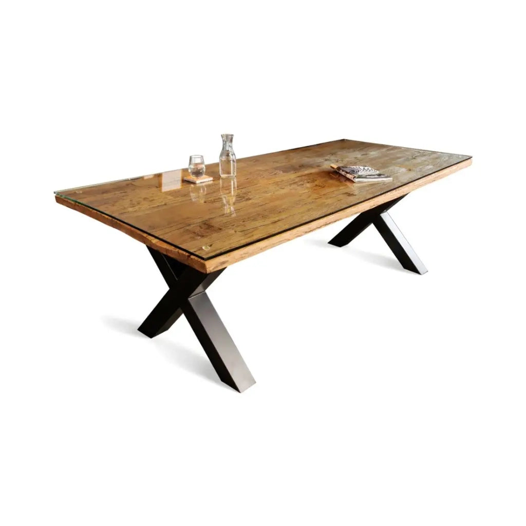 Table RAFTA 220 x 100 cm - Piano in teak massiccio con vetro temperato e gambe in metallo nero a X