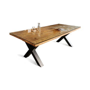 Table RAFTA 220 x 100 cm - Piano in teak massiccio con vetro temperato e gambe in metallo nero a X