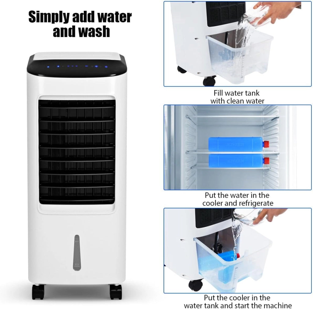 Raffreddatore d’Aria 65W, 3 in 1 Air Cooler, Umidificatore, Ventilatore, Ventilatore Condizionatore Portatile con Telecomando, 3 Velocità, Timer 7,5H, Serbatoio dell'Acqua da 7L
