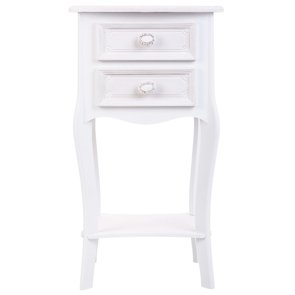 Comodino in legno con 2 cassetti e 1 ripiano bianco 38x31,5x71.