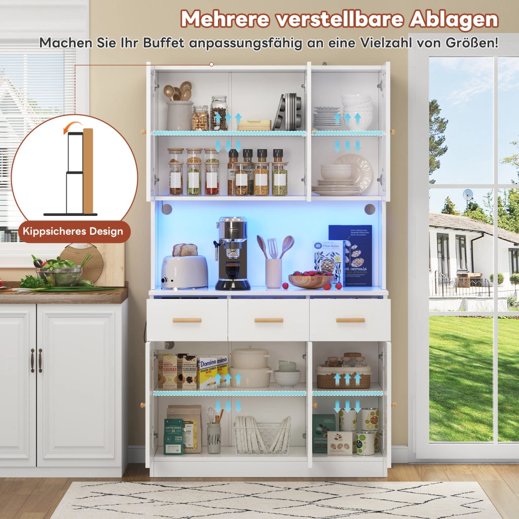 Credenza da cucina con LED e presa elettrica in MDF bianco con ante in tessuto e ripiani regolabili 105 × 43 × 182 cm