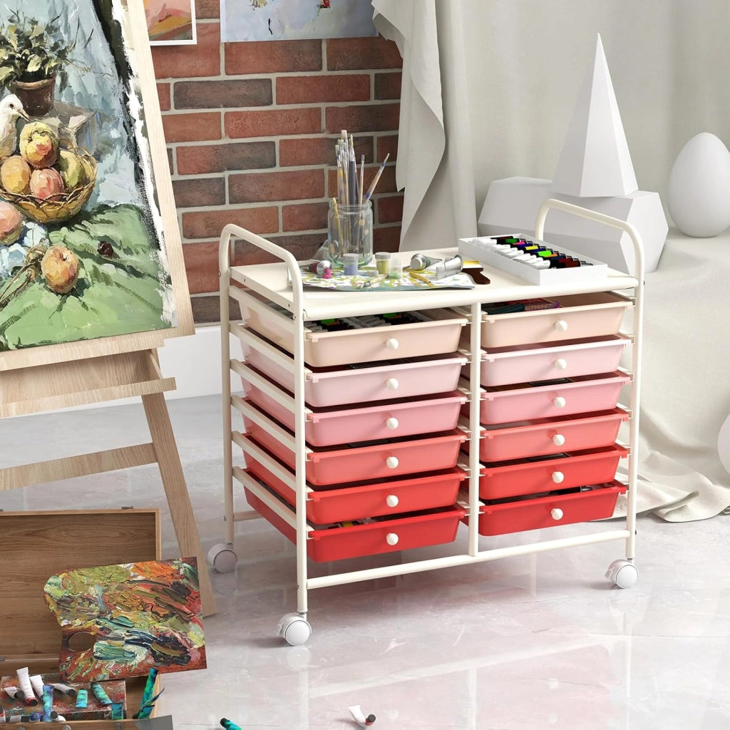 Carrello di Stoccaggio con 12 Cassetti, Carrello portaoggetti con 4 Ruote, Carrello Multiuso per Scuola Ufficio Cucina, 64 x 38 x 62 cm (12 cassetti Rosa sfumato)